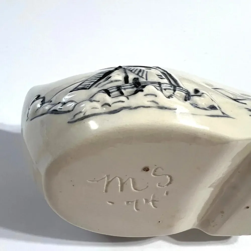 Vintage 1974 Delft Porcelain Clog Dutch Shoe Handmade Windmill Decor Cream Black